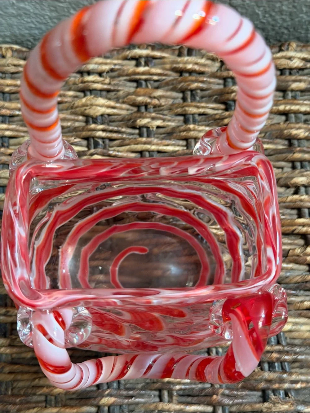 Hand Blown Art Glass Purse Sculpture Pink Red Candy Stripe Handbag Decorative